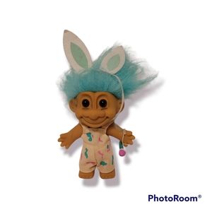 Vintage Rare Troll Doll 5" Easter Basket Teal Hair Ears and Brush Model #18567